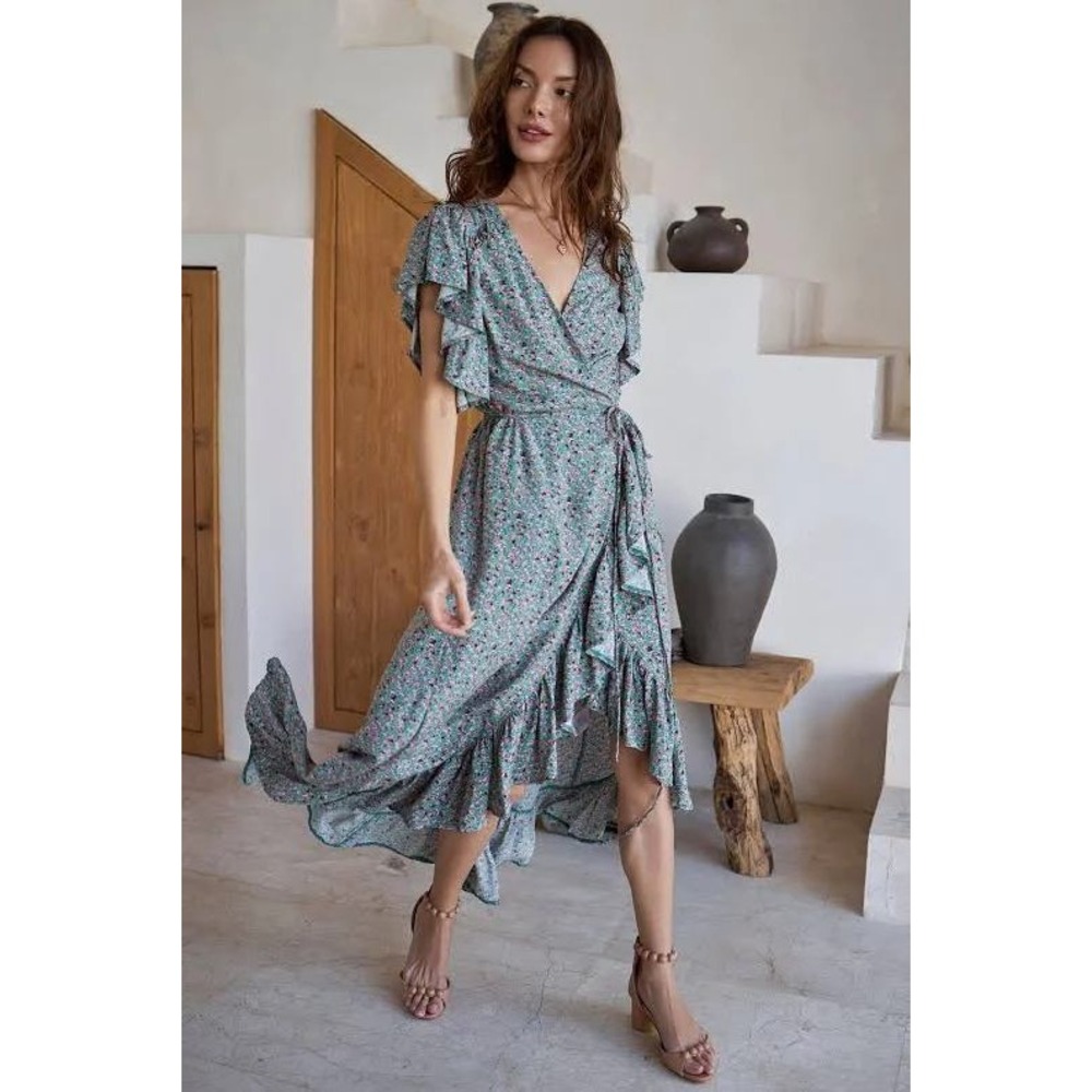 ♾️Bali ELF Rayon Green Fields Carmen Wrap Maxi Dress Boho Festival Ruffle Lg♾️ - Picture 5 of 12